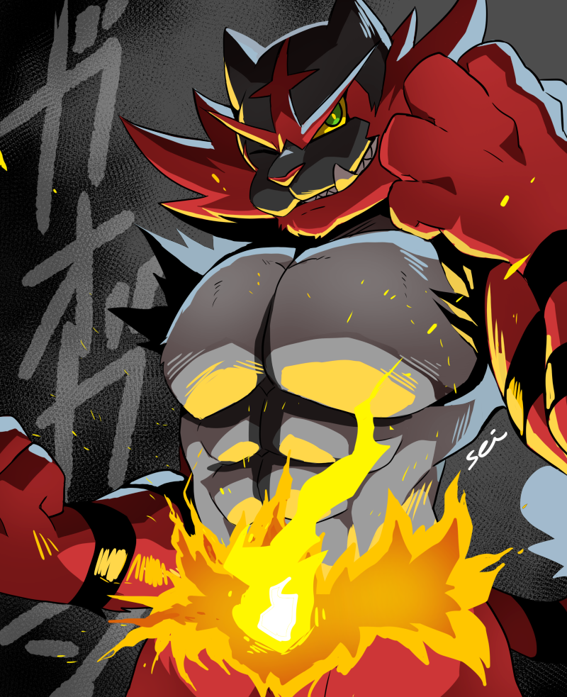 anthro fangs fire fire_belt male manly muscular muscular_anthro muscular_male pseudo_clothing solo teeth text sei_(artist) nintendo pokemon generation_7_pokemon incineroar pokemon_(species) 2016 japanese_text