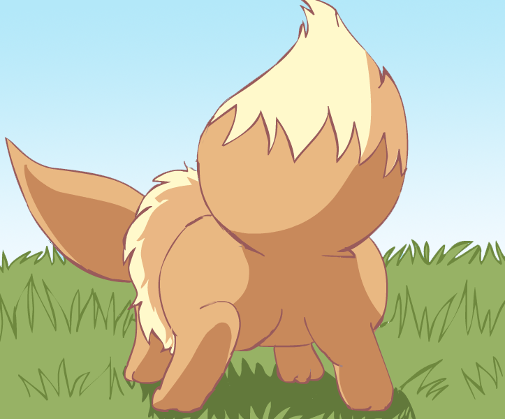 ambiguous_gender brown_body brown_fur butt featureless_butt featureless_crotch feral fur grass multicolored_body multicolored_fur null plant presenting presenting_hindquarters rear_view sky solo pichu90 nintendo pokemon eevee generation_1_pokemon pokemon_(species)