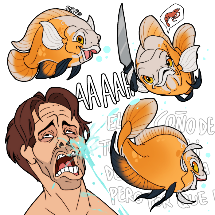 ambiguous_gender brown_hair disgust dross_rotzank_insults feral hair knife male orange_body orange_scales scales shaved shirtless speech_bubble splash splashing_water text threatening threatening_with_weapon water_bubble yellow_eyes youtuber blitzdrachin conditional_dnp dross_rotzank mussolini_(dross_rotzank) arthropod crustacean fish human mammal marine shrimp 1:1 2023 alpha_channel spanish_text