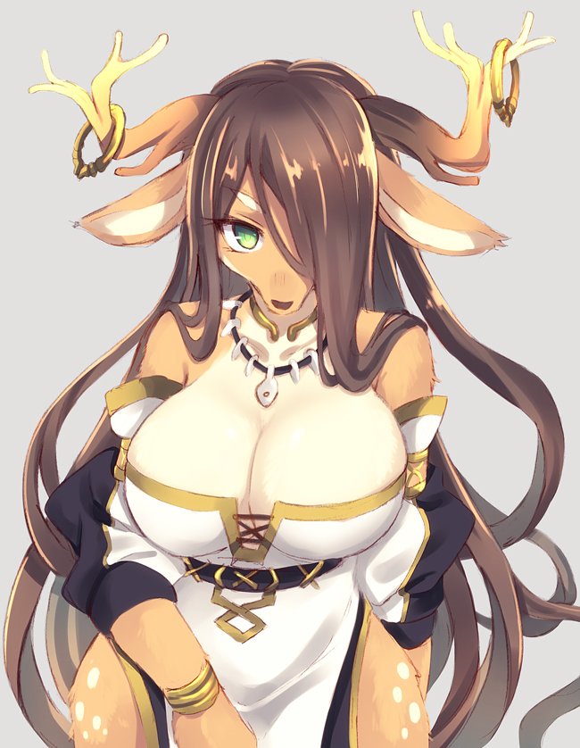 anthro antlers big_breasts breasts brown_body brown_fur brown_hair clothed clothing female fur green_eyes hair hair_over_eye horn jewelry kemono long_hair looking_at_viewer one_eye_obstructed solo wide_hips sgsix cyberconnect2 drecom full_bokko_heroes cernunnos_(full_bokko_heroes) mammal