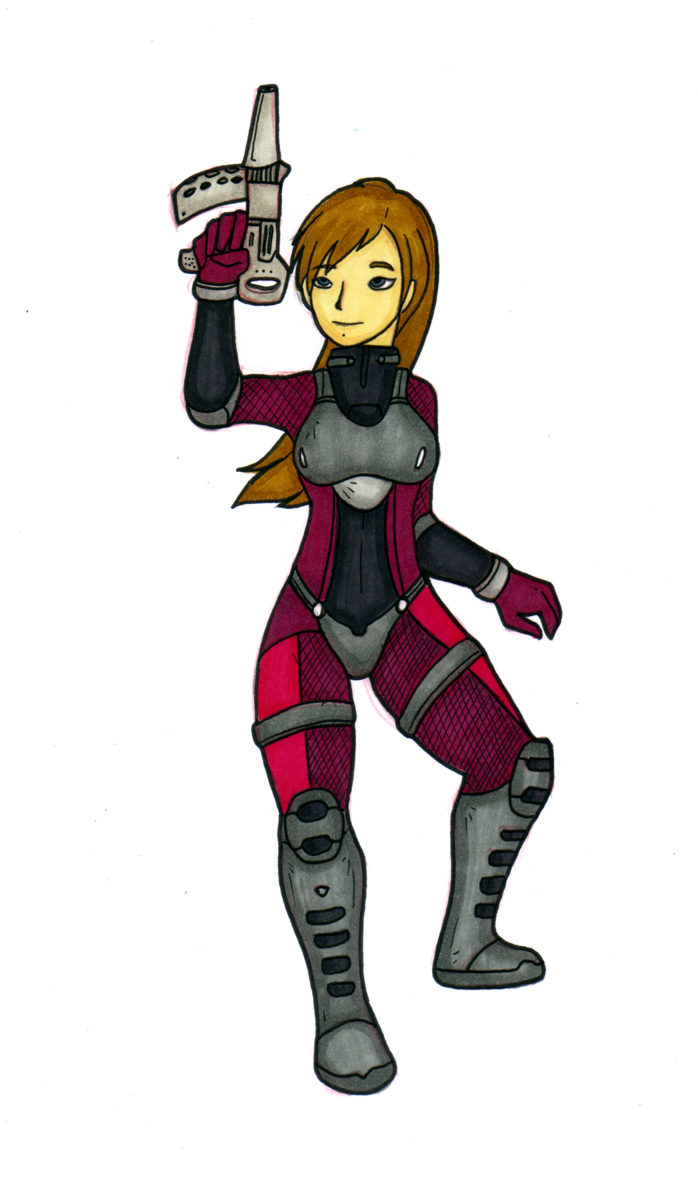 5_fingers armor blue_eyes bodysuit boots breastplate breasts brown_hair clothed clothing female fingers footwear gloves gun hair handwear holding_object holding_weapon long_hair pupils raised_arm ranged_weapon shoes simple_background skinsuit smile solo sonya_hart species_transformation standing tight_clothing transformation weapon white_background white_body white_skin ivanks capcom dino_crisis human mammal