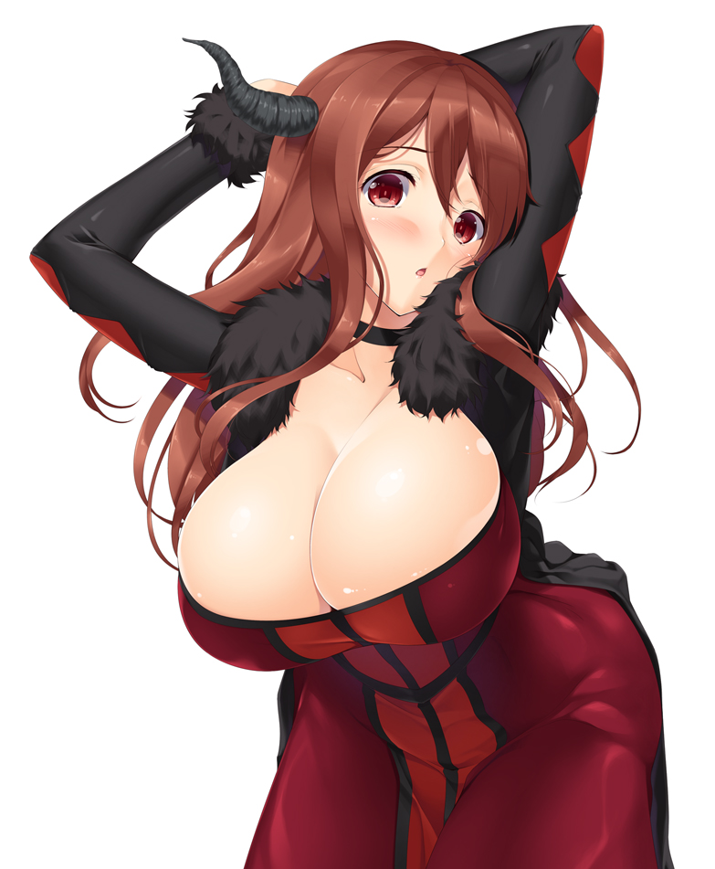 big_breasts blush breasts brown_hair cleavage clothed clothing curvy_figure female hair horn huge_breasts not_furry pale_skin pose raised_arm red_eyes solo tight_clothing voluptuous nakano_sora maoyuu_maou_yuusha maou_beluzel demon humanoid