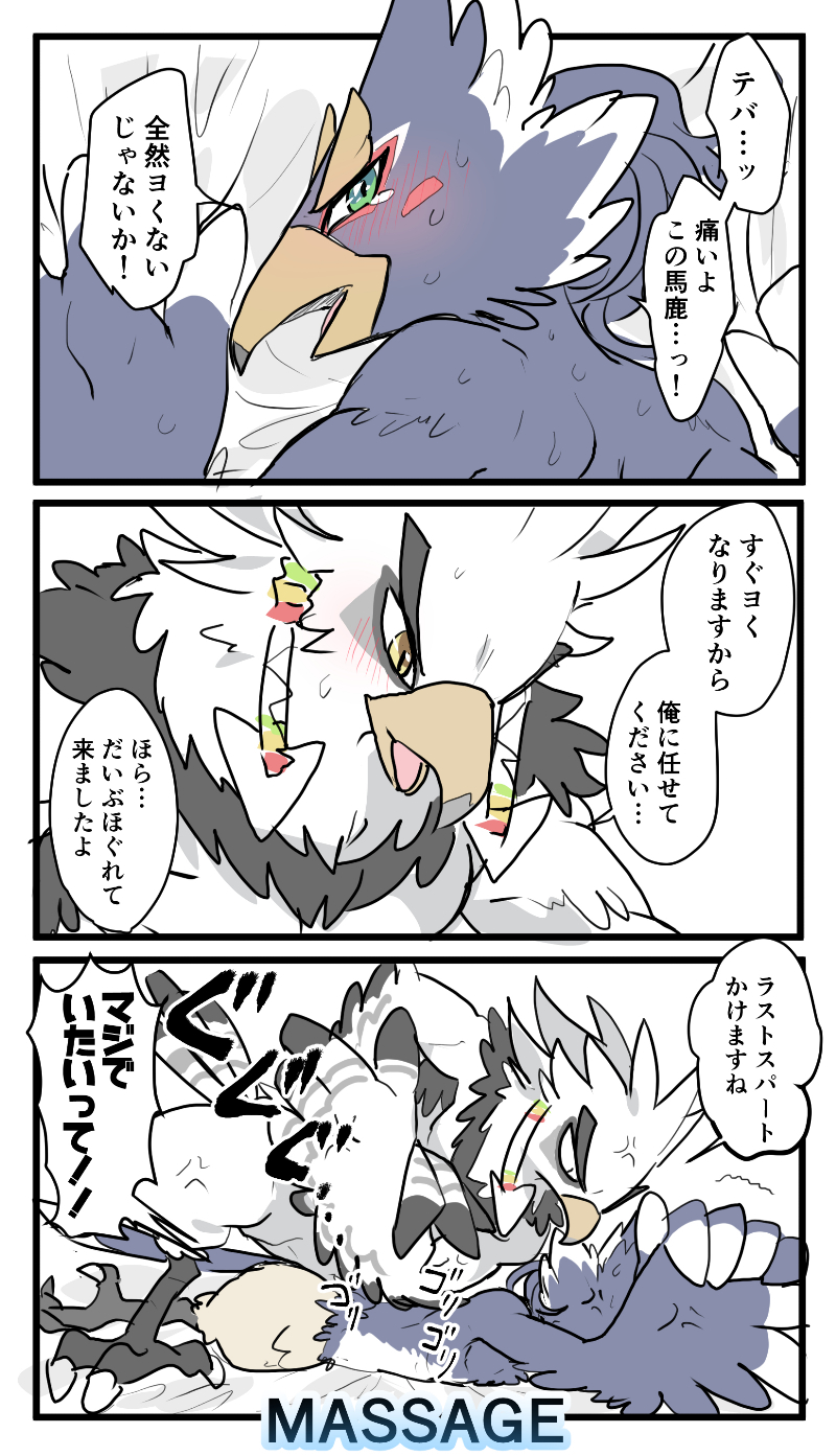 anthro blush duo embarrassed male male/male massage masseuse suggestive text popemadara breath_of_the_wild nintendo the_legend_of_zelda revali teba_(tloz) avian bird rito comic hi_res japanese_text translation_request