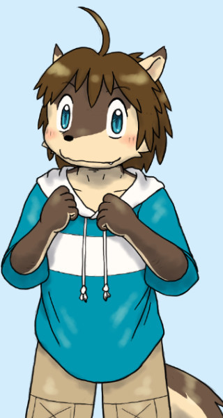 anthro blush bottomwear brown_body brown_fur brown_hair clothing fur hair happy hoodie looking_at_viewer male shorts solo tail topwear young young_anthro shomunona morenatsu shun_(morenatsu) 2019 colored