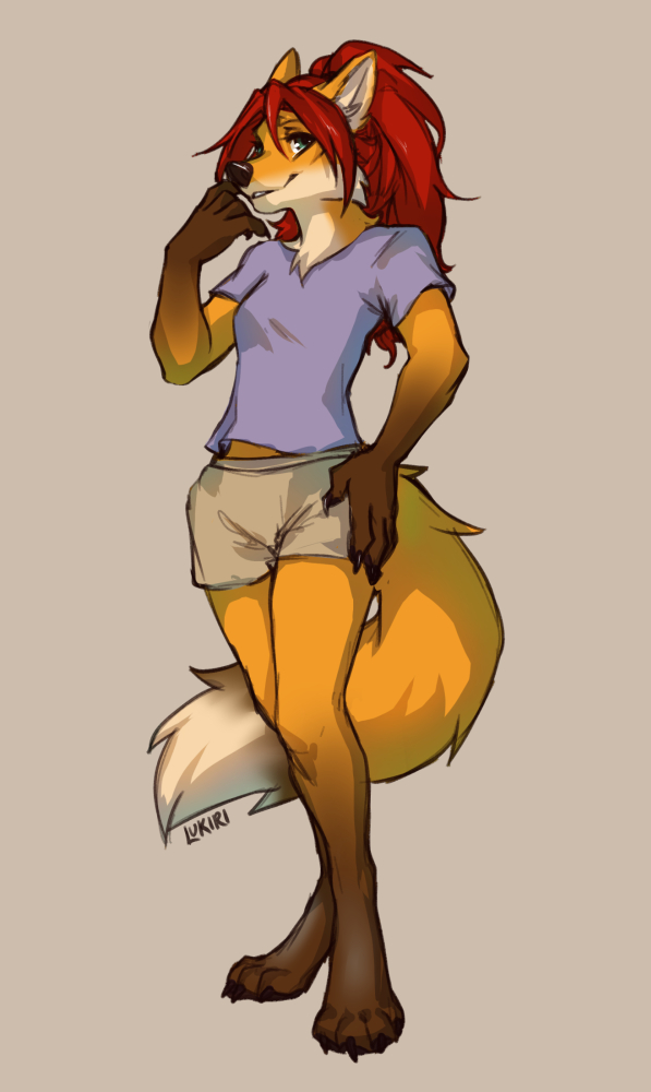 4_toes 5_fingers anthro barefoot biped black_nose breasts clothed clothing digitigrade feet female fingers hair red_hair solo standing toes gonewiththefart canid canine fox mammal digital_media_(artwork)