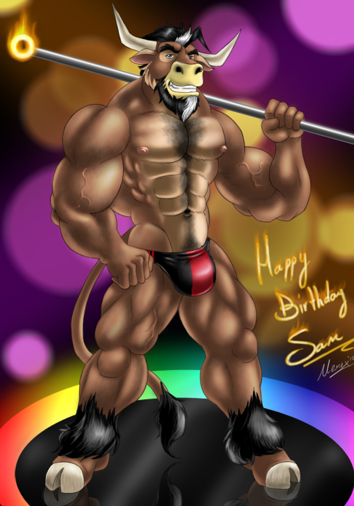 abs ankle_tuft anthro beard biceps big_muscles black_hair blue_eyes body_hair bulge clothed clothing facial_hair fire fur hair hairy happy_birthday happy_trail holding_pole hooves horn leg_tuft looking_at_viewer male muscular muscular_anthro muscular_male navel nipples pecs pole pose rainbow smile solo speedo swimwear tail tail_tuft thong topless tuft underwear vein white_hair memox_(artist) sam_(braford) bovid bovine cattle mammal 2012 signature