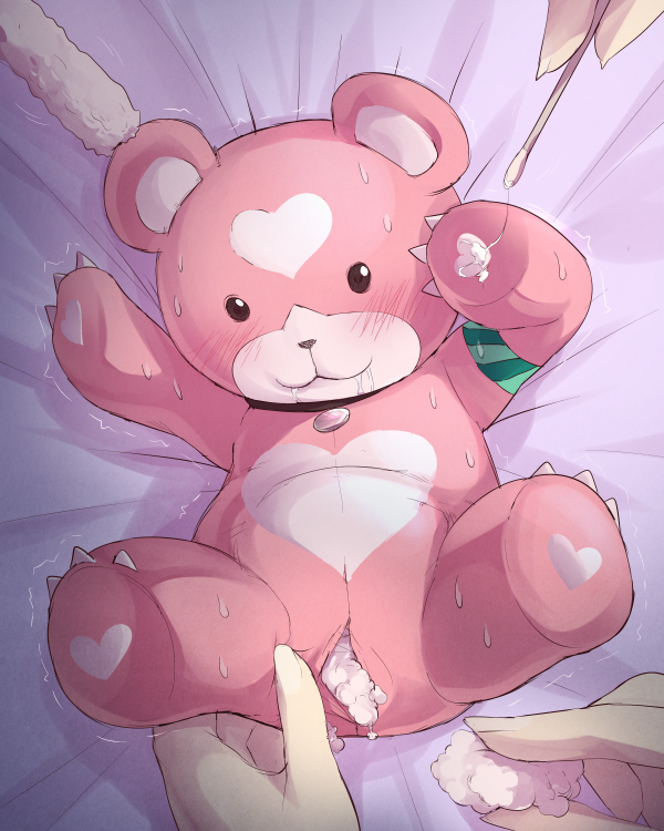 animal_plushie armband beady_eyes bedding bedding_background blush bodily_fluids claws collar cotton cotton_swab female feral group heart_print heart_symbol humanoid_hands jewelry lying necklace on_back pink_body pink_skin plush_stuffing plushie ripped_seam saliva slightly_chubby stitch_(sewing) suggestive sweat tickling waero arpeggio_of_blue_steel kirishima_(aobs) animate_inanimate bear human living_plushie mammal 4:5