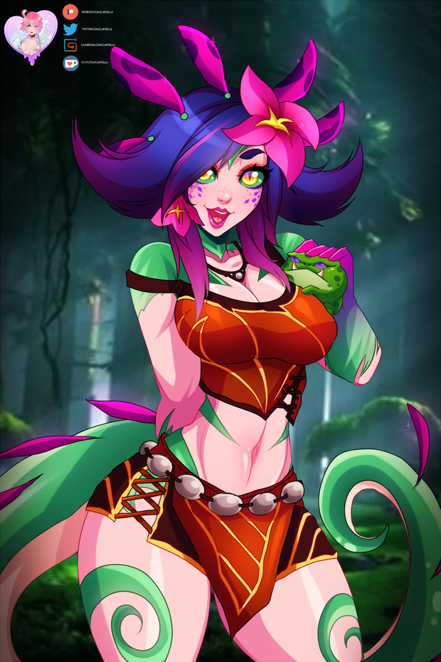 blue_hair breasts cleavage clothed clothing duo fangs female feral flower forest hair humanoid_focus jungle lizard_tail looking_at_viewer midriff navel open_mouth plant purple_eyes solo_focus teeth tree yellow_eyes lawzilla league_of_legends riot_games tencent neeko_(lol) amphibian animal_humanoid chameleon_humanoid frog humanoid lizard_humanoid mammal reptile reptile_humanoid scalie scalie_humanoid 2018 2:3 digital_media_(artwork)