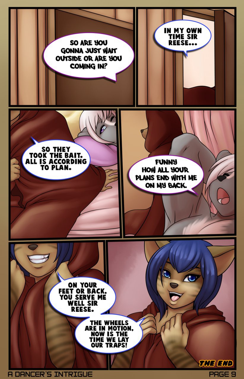 anthro blue_eyes blue_hair dialogue duo eyes_closed femboy hair male open_mouth purple_eyes smile text white_hair theblackrook a_dancer's_intrigue all_the_king's_men reese vandell felid mammal mephitid skunk 2014 comic english_text hi_res