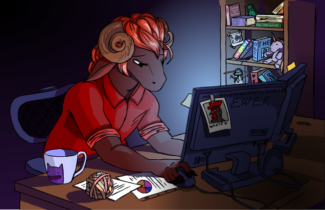 bovid_horn brown_body brown_fur caprine_horn chair computer desk electronics fur furniture hair horn male plushie ram_horn red_hair solo table drayl drayl_(character) bovid caprine domestic_sheep mammal sheep 2012