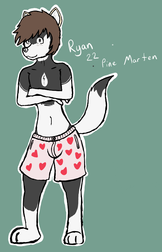 anthro clothed clothing crossed_arms femboy freckled_face freckles hair heart_clothing heart_symbol heart_underwear male navel pattern_clothing pattern_underwear skinny solo stated_age tail text topless underwear underwear_only sketchygenet ryan_(sketchygenet) gulonine mammal marten mustelid musteline pine_marten english_text