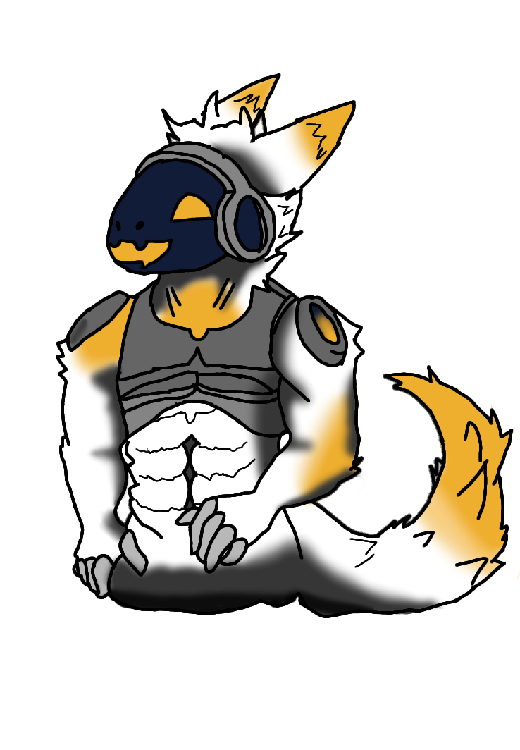 abs anthro biped black_outline clothed clothing dipstick_tail electronics empty_eyes fingerless_(marking) fluffy fluffy_tail front_view grey_clothing grey_topwear headphones machine male markings muscular muscular_male orange_eyes outline raised_clothing raised_shirt raised_topwear shirt simple_background solo standing tail tail_markings topwear white_background magnuswander magnus protogen digital_media_(artwork) half-length_portrait portrait