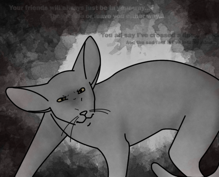 abstract_background ambiguous_gender feral frown lyrics narrowed_eyes solo squint standing tail text whiskers sebdoggo keaton_henson serenity_(comic) jasper_(serenity) domestic_cat felid feline felis mammal oriental_shorthair 2015 adobe_photoshop_(artwork) digital_drawing_(artwork) digital_media_(artwork) english_text greyscale monochrome male_(lore)