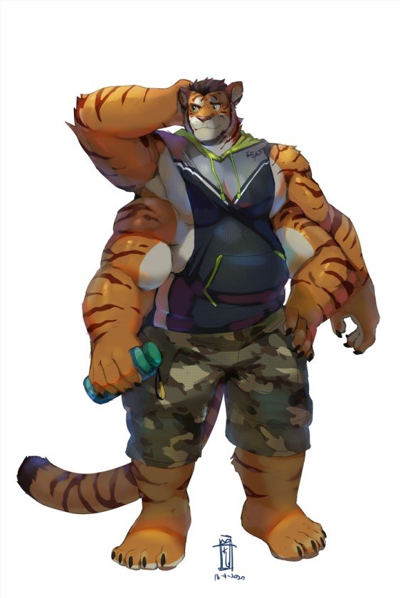 4_arms 5_toes anthro biceps black_claws black_hair bottomwear camo claws clothing feet fur hair hoodie male markings multi_arm multi_limb muscular muscular_anthro muscular_male orange_body orange_fur pecs plantigrade scratching_head shorts simple_background sleeveless_hoodie solo standing striped_body striped_fur striped_markings striped_tail stripes tail tail_markings thermos thinking thoughtful_expression toes topwear white_background merfiller felid mammal pantherine tiger signature