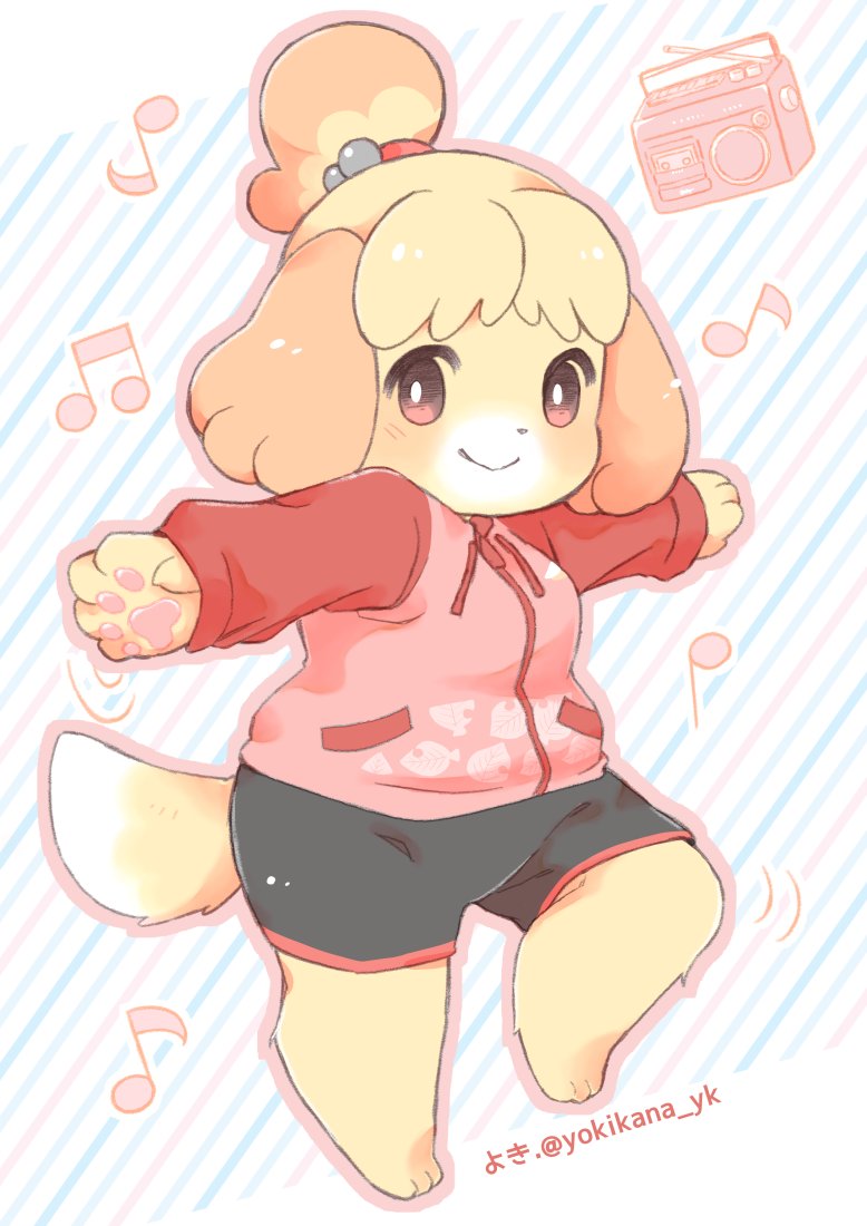 3_toes 5_fingers accessory anthro barefoot bottomwear clothed clothing electronics feet female female_anthro fingers fur hair hair_accessory kemono looking_at_viewer musical_note musical_symbol pawpads radio shirt shorts simple_background smile solo standing symbol toes topwear yellow_body yellow_fur yokikana_yk animal_crossing nintendo isabelle_(animal_crossing) canid canine canis domestic_dog mammal shih_tzu toy_dog digital_media_(artwork)