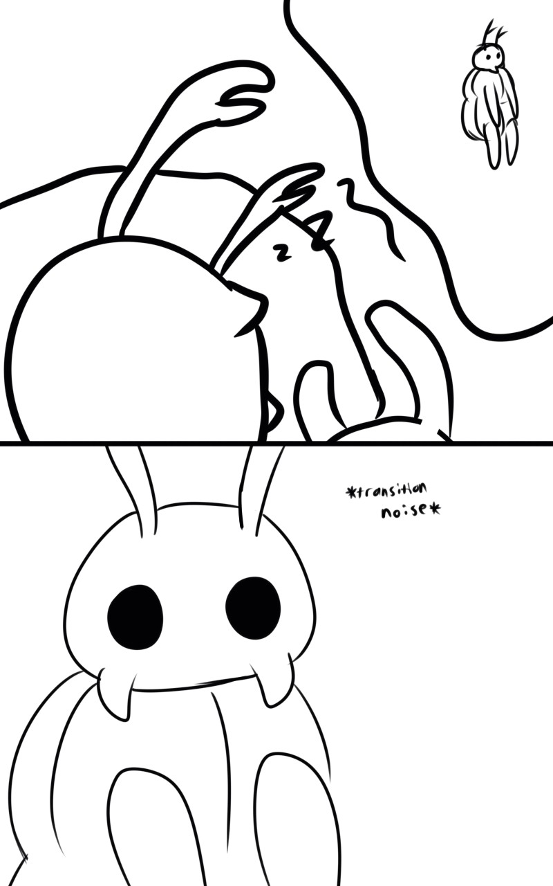 2_panel_comic ambiguous_gender antennae_(anatomy) biped black_eyes black_text dream simple_background sleeping solo sound_effects standing text vowelless vowelless_sound_effect white_background zzz skeletorskeletonized hollow_knight team_cherry bretta_(hollow_knight) arthropod beetle insect 2020 5:8 comic digital_media_(artwork) english_text hi_res female_(lore)