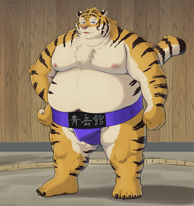 anthro asian_clothing belly big_belly blue_clothing clothed clothing east_asian_clothing fupa japanese_clothing kemono male mawashi moobs navel nipples obese obese_male overweight overweight_male solo sumo sumo_ring topless topless_male tiger_cub felid mammal pantherine tiger 2021