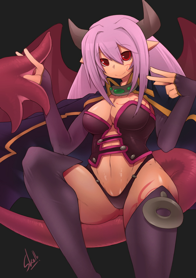 big_breasts blue_hair breasts butt butt_from_the_front cape clothed clothing collar female hair horn humanoid_pointy_ears legwear low-angle_view mantle monster_girl_(genre) not_furry pointy_ears purple_hair red_eyes skimpy solo tail thick_tail thigh_highs skello-on-sale monster_girl_quest alma_elma demon humanoid succubus