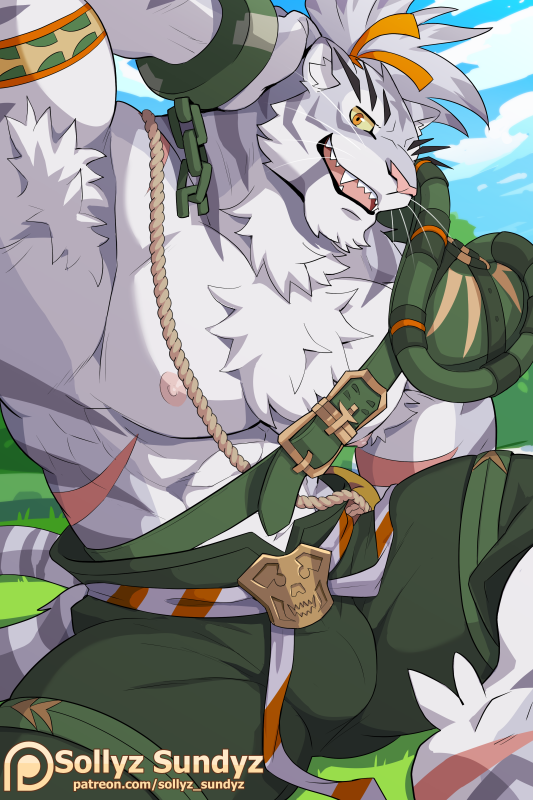 anthro bulge fur looking_at_viewer male muscular muscular_anthro muscular_male nipples solo striped_body stripes sollyz cygames world_flipper nimbus_(world_flipper) felid mammal pantherine tiger 2023