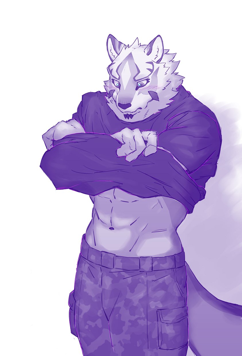 abs anthro bottomwear camo camo_bottomwear camo_clothing camo_print clothing facial_markings fur head_markings male markings muscular muscular_anthro muscular_male navel pattern_bottomwear pattern_clothing removing_shirt solo standing undressing white_body white_fur sakuhuu lifewonders live_a_hero sadayoshi canid canine mammal hi_res