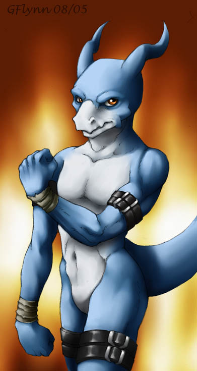 anthro blue_body blue_skin featureless_crotch male muscular muscular_anthro muscular_male nude orange_background orange_eyes simple_background solo straps tail snoot_(artist) bandai_namco digimon mythology digimon_(species) dragon flamedramon mythological_creature mythological_scalie scalie 2005 digital_media_(artwork) portrait three-quarter_portrait