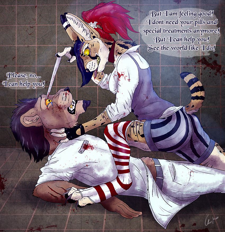 anthro blood bodily_fluids duo female gore imminent_death lilithmincemeat male mincemeat tail text oliverfox lilith_(oliverfox) felid feline lion mammal pantherine serval english_text