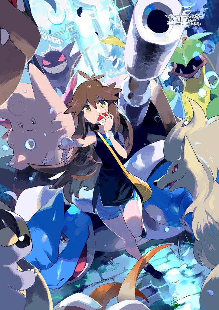 ambiguous_gender black_sclera blue_body brown_hair countershade_torso countershading female feral fur group hair looking_at_viewer looking_up monotone_body monotone_fur multicolored_body pink_body pokeball pupils purple_body red_eyes red_sclera shoulder_cannon two_tone_body white_body white_pupils yellow_body yellow_eyes yellow_fur young evolution_(artist) nintendo pokemon pokemon_adventures leaf_(pokemon) baby_kangaskhan blastoise clefable generation_1_pokemon gengar human kangaskhan mammal ninetales pokemon_(species) weepinbell