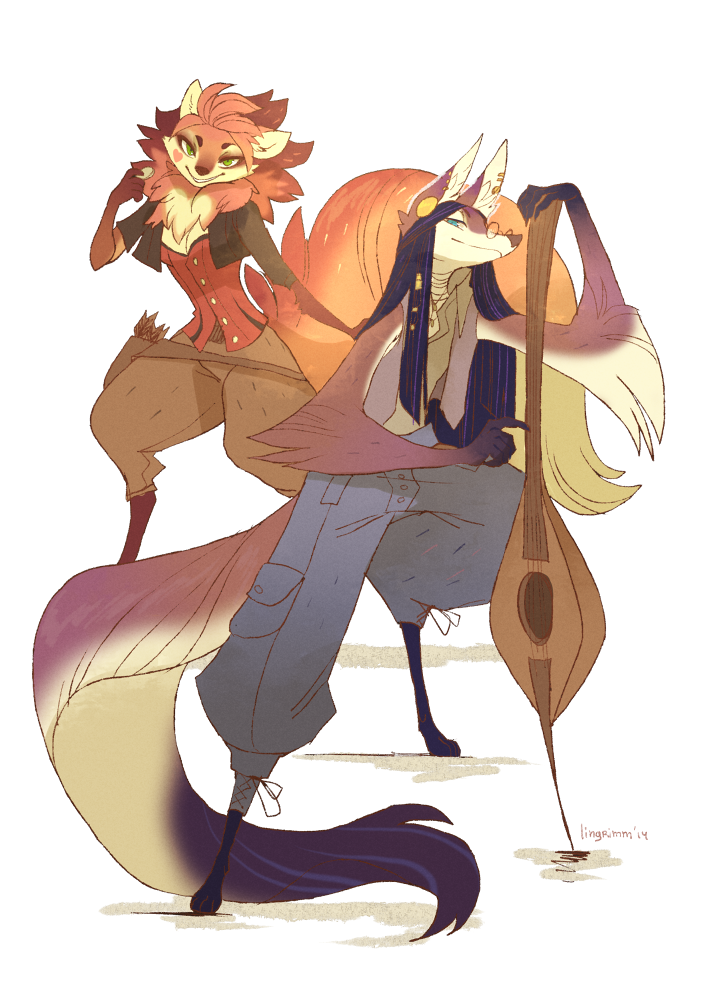 duo eyewear female fluffy fluffy_tail glasses hair long_hair long_tail looking_at_viewer male musical_instrument neck_tuft tail tuft lingrimm canid canine fox mammal