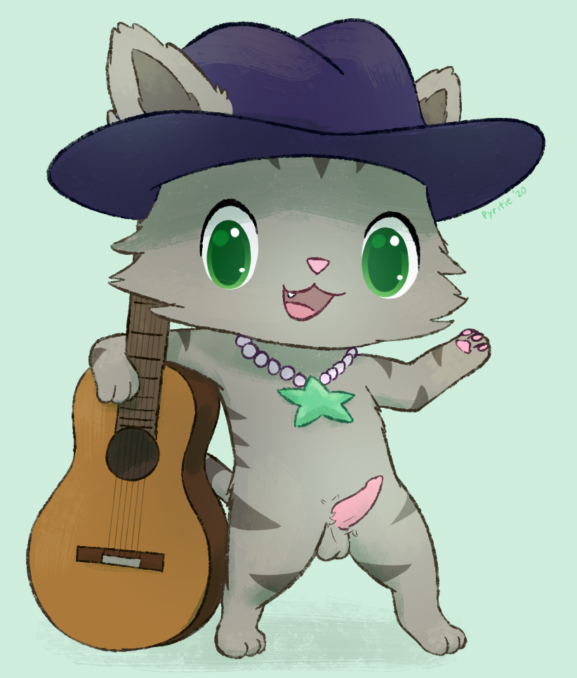 animal_genitalia balls chibi clothing erection fur genitals green_eyes grey_body grey_fur guitar hat headgear headwear jewelry looking_at_viewer male mostly_nude musical_instrument necklace open_mouth paws penis plucked_string_instrument semi-anthro simple_background solo string_instrument stripes pyritie jewelpet sanrio sega sega_fave tour_(jewelpet) american_shorthair domestic_cat felid feline felis mackerel_tabby mammal 2020 digital_media_(artwork)