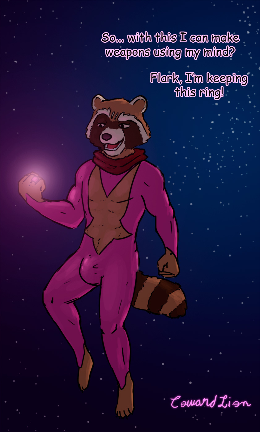 anthro bulge clothed clothing male muscular muscular_anthro muscular_male ring solo superhero_costume text cowardlion dc_comics green_lantern_(series) guardians_of_the_galaxy marvel star_sapphire rocket_raccoon mammal procyonid raccoon 2019 english_text hi_res