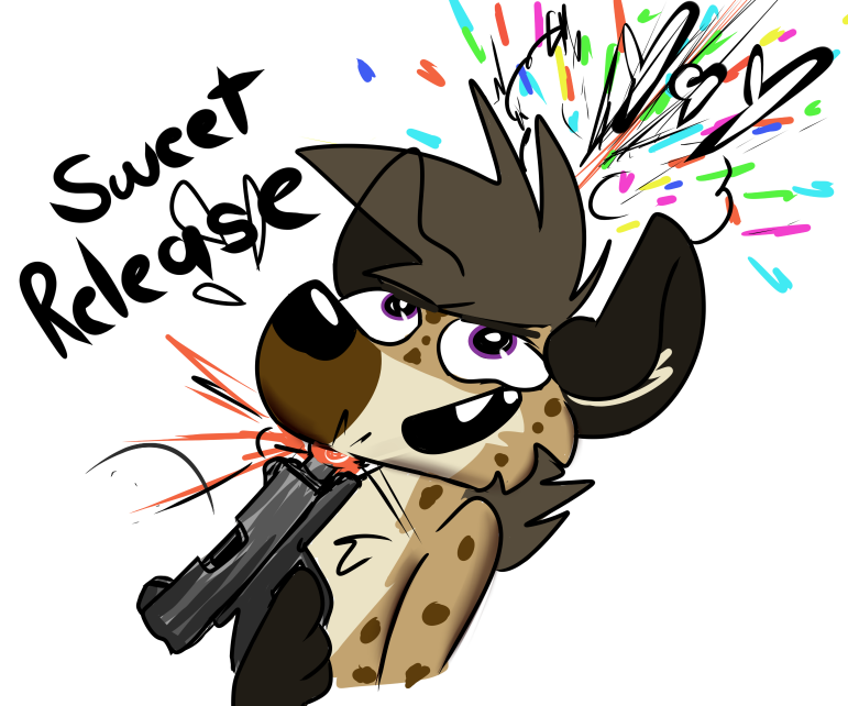 ambiguous_gender anthro big_ears black_nose brown_body brown_fur confetti death fatal_wound fur grey_hair gun gun_to_head hair happy holding_gun holding_object holding_ranged_weapon holding_weapon markings multicolored_body multicolored_fur open_mouth open_smile perforating_wound purple_eyes ranged_weapon short_hair shot_in_head simple_background smile snout solo spots spotted_body spotted_fur suicide teeth text translucent translucent_hair weapon white_background stoopideer hyena mammal spotted_hyena 2018 english_text