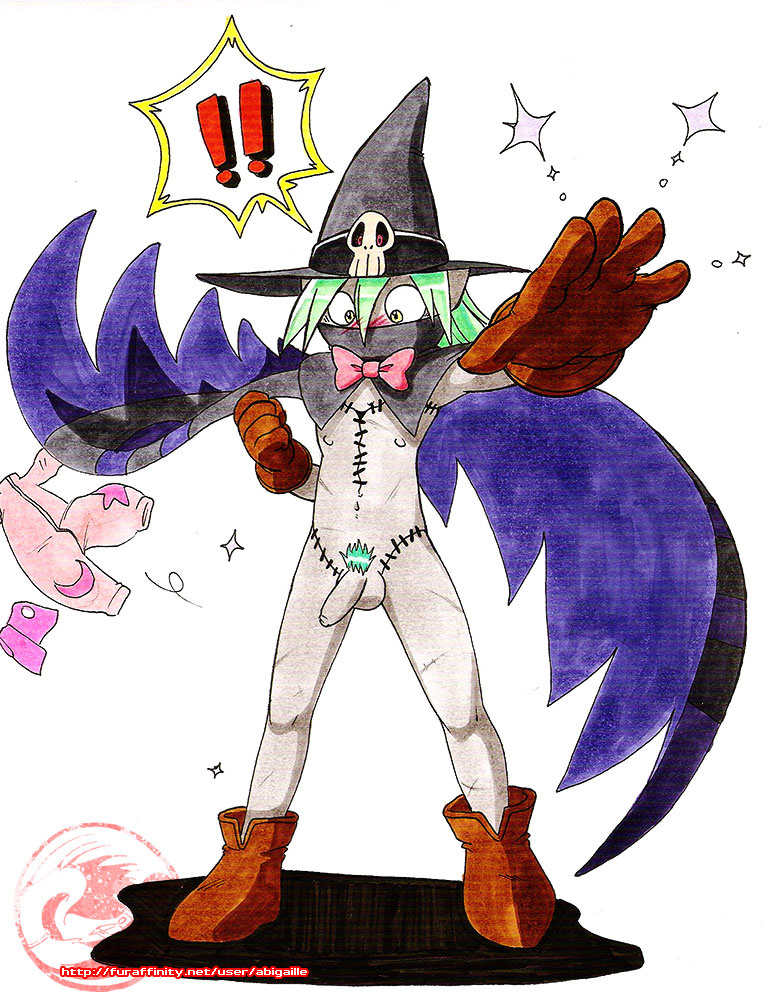 assisted_exposure blush bow_(feature) bow_tie cape clothing femboy flaccid footwear foreskin genitals gloves green_hair hair handwear hat headgear headwear humanoid_genitalia humanoid_penis male mostly_nude nipples o_o onesie pantsing penis pubes solo sparkles felice-chan bandai_namco digimon fuse_the_wizardmon digimon_(species) wizardmon signature