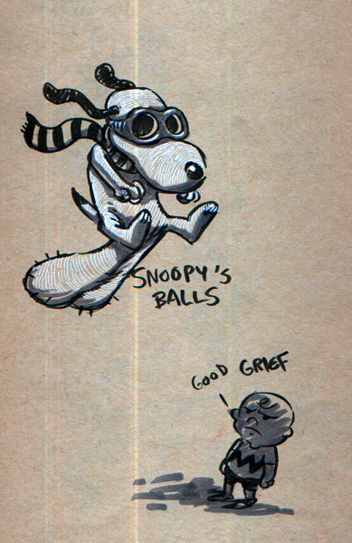 anthro balls big_balls body_hair duo eyewear flying fur genitals goggles hairy_balls male scarf simple_background text white_body white_fur astronautilus peanuts_(comic) beagle canid canine canis domestic_dog human hunting_dog mammal scent_hound 2007 english_text monochrome traditional_media_(artwork)