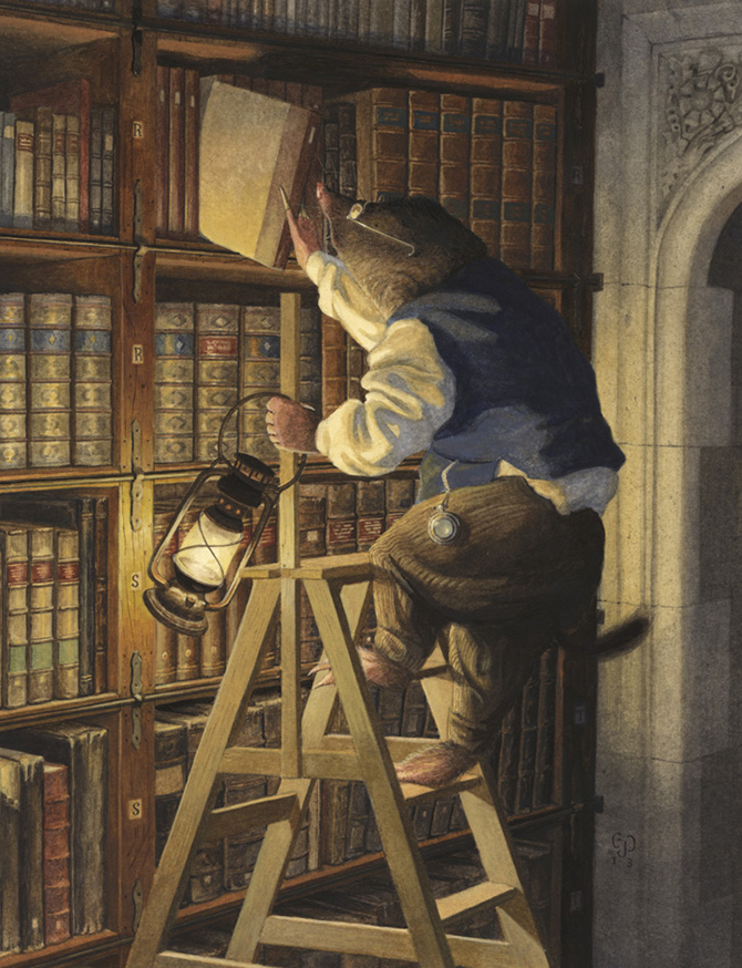 anthro book bookshelf clock clothed clothing detailed_background eyewear furniture glasses holding_object inside ladder lamp lantern pocketwatch solo standing watch chris_dunn eulipotyphlan mammal mole_(animal) traditional_media_(artwork)