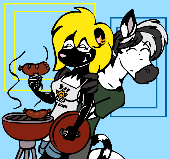 apron blonde_hair clothing ear_piercing ear_ring female food grill hair male male/female meat piercing ring_piercing sausage tabbiewolf jeremy_(tabbiewolf) thoe_(tabbiewolf) equid equine mammal mephitid skunk zebra