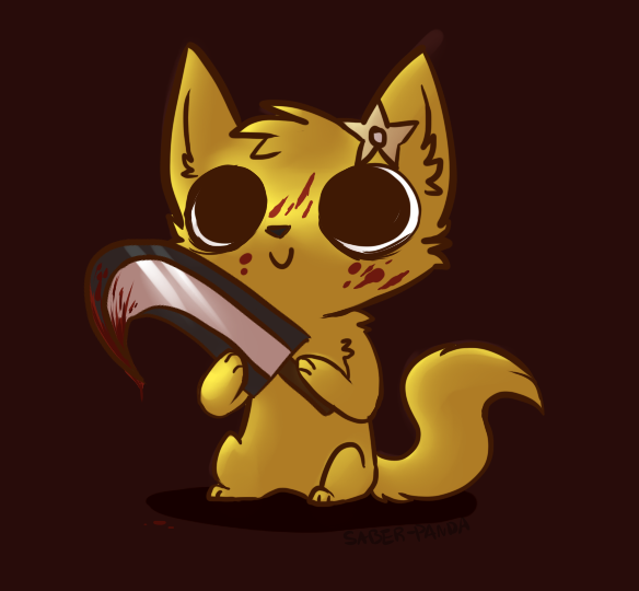 blood bodily_fluids female feral fur hook_sword humor melee_weapon nude polearm red_background simple_background slapstick smile solo toony weapon yellow_body yellow_fur ezpups kitten_cutsalot domestic_cat felid feline felis mammal 2014 digital_media_(artwork) reaction_image