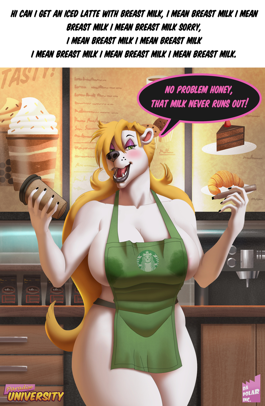 anthro apron apron_only big_breasts blonde_hair breasts cleavage clothed clothing container cup dialogue dialogue_box female fur green_apron green_clothing hair holding_container holding_cup holding_object holding_pen mostly_nude pen repeated_text solo speech_bubble text white_body white_fur da_polar_inc i_mean_breast_milk jill_frozen bear mammal polar_bear ursine english_text hi_res meme