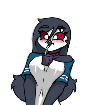 anthro blush breasts female small_breasts small_waist solo pace-maker hands-free_bubble_tea helluva_boss octavia_(helluva_boss) avian bird demon owl owl_demon low_res meme