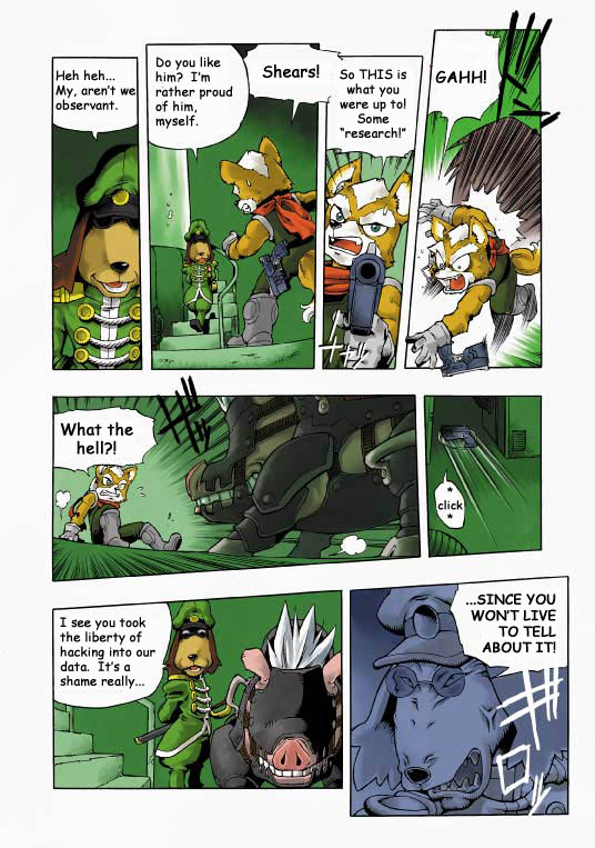 anthro clothing dialogue duo male text shigehisa_nakaue nintendo star_fox captain_shears fox_mccloud canid canine canis domestic_dog fox mammal 2002 comic english_text japanese_text official_art