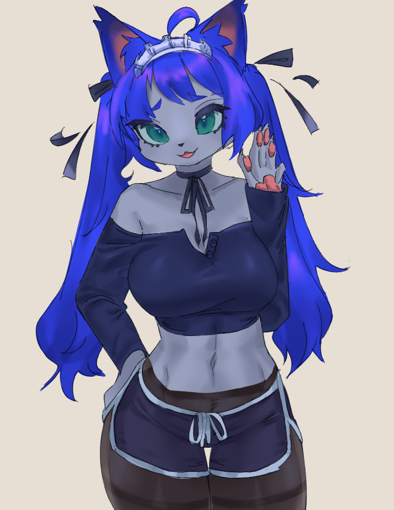 accessory anthro blue_hair bottomwear button_(fastener) clothing crop_top dolphin_shorts female frilly frilly_accessory frilly_hairband green_eyes hair hair_accessory hairband legwear looking_at_viewer midriff pigtails shirt shorts simple_background solo stockings topwear ullalullalu catfla_(ullalullalu) domestic_cat felid feline felis mammal