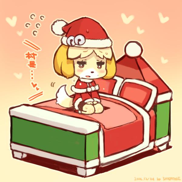 accessory amber_eyes anthro bed bell biped blonde_hair blush bodily_fluids chibi christmas_clothing christmas_headwear clothing costume dialogue female fur furniture gradient_background hair hat headgear headwear heart_background heart_symbol holidays kneeling looking_down on_bed santa_costume santa_hat shy simple_background solo sweat tail tail_motion text yellow_body yellow_fur shigatake animal_crossing christmas nintendo isabelle_(animal_crossing) canid canine canis domestic_dog mammal shih_tzu toy_dog 1:1 2014 artist_name dated japanese_text signature translated