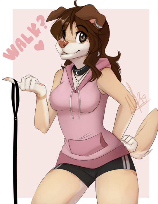 5_fingers anthro breasts brown_eyes brown_hair clothed clothing collar female fingers hair leash smile solo wolflady danika_(wolflady) canid canine canis domestic_dog mammal 2019 digital_media_(artwork)