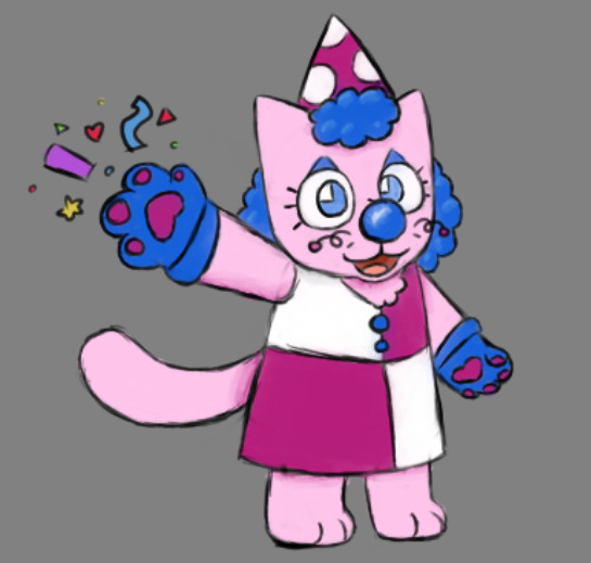 blue_eyes blue_hair blue_nose clothing clown clown_makeup clown_nose confetti curled_hair dress female fur grey_background hair hat headgear headwear heart_symbol party_hat pink_body pink_fur simple_background star whiskers gemwolfz action_52 streemerz domestic_cat felid feline felis mammal