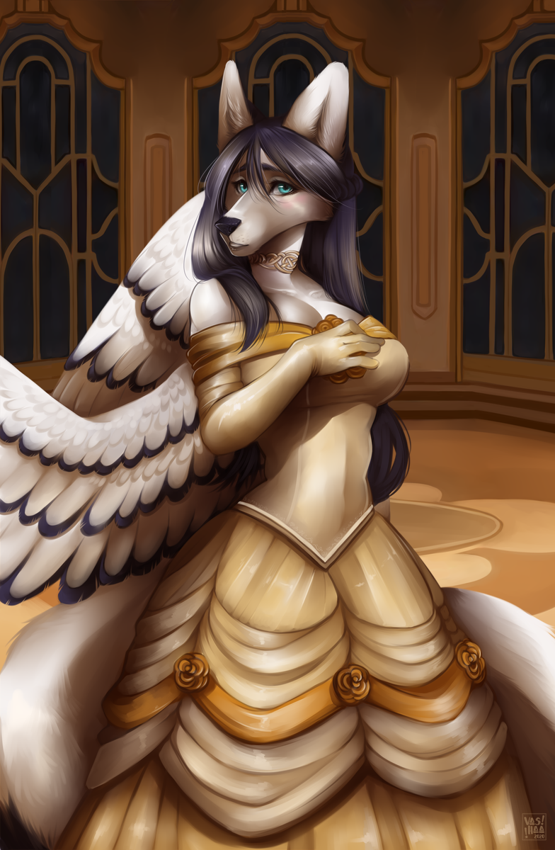 ball_gown ballroom black_hair blue_eyes clothing detailed_background dress eyebrows eyelashes feathered_wings feathers hair looking_at_viewer solo wings vashaa canid canine hybrid mammal 2020 digital_media_(artwork) hi_res