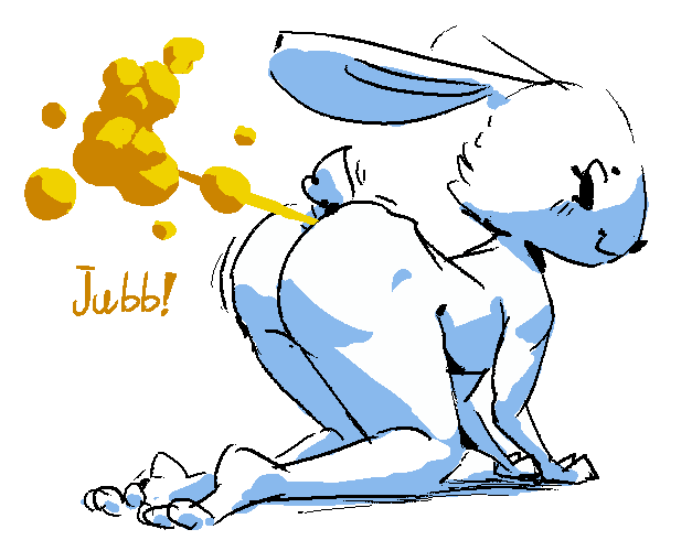 all_fours ambiguous_gender anthro anus ass_up barely_visible_anus black_eyebrows black_eyes black_nose butt ears_back eyebrows eyelashes fart fart_cloud fur kneeling looking_back nude nude_anthro pivoted_ears raised_tail scut_tail short_tail simple_background smile solo tail text white_background white_body white_fur white_tail yellow_fart_cloud jubb lagomorph leporid mammal rabbit 2022 artist_name shaded