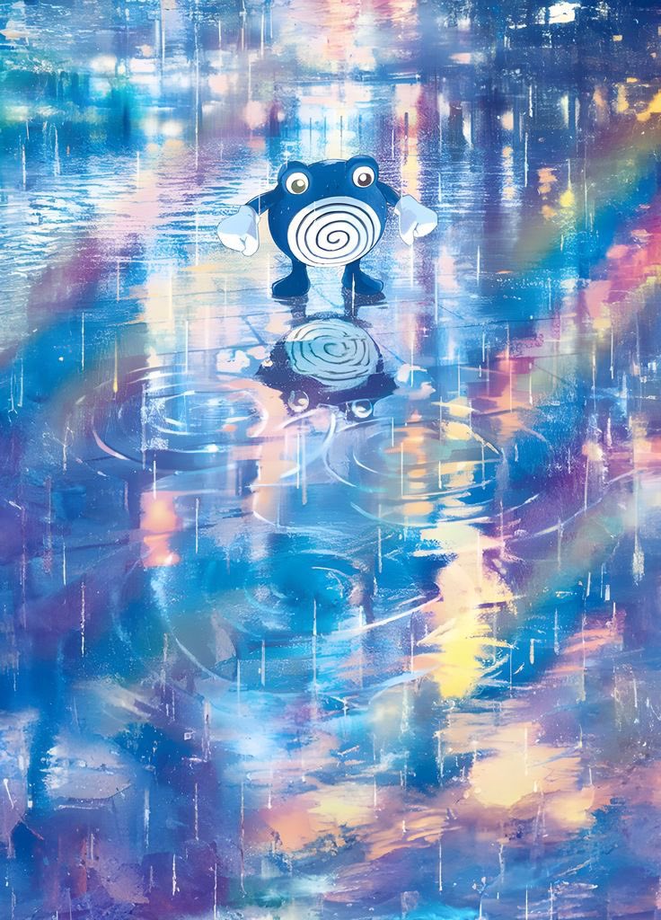 amazing_background ambiguous_gender background_focus blue_background blue_body detailed_background feral gradient_background outside raindrop raining sidewalk simple_background solo unknown_artist nintendo pokemon pokemon_tcg generation_1_pokemon pokemon_(species) poliwhirl detailed official_art pastel_theme