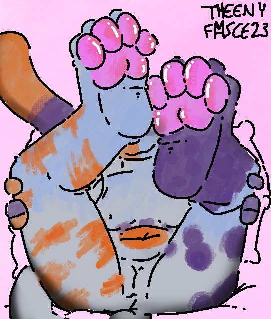 :3 anthro anus bed feet female foot_focus fur furniture genitals nude orange_body orange_fur pawpads pillow purple_body purple_fur pussy solo white_body white_fur theenyface cally_(theenyface) domestic_cat felid feline felis mammal