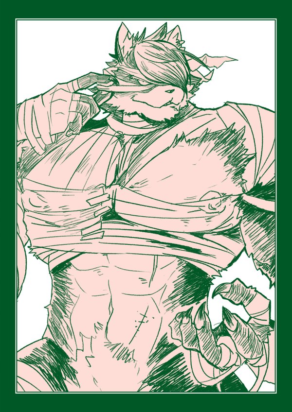 abs bandage border claws ear_piercing ear_ring green_border looking_at_viewer male muscular muscular_male nipples pecs piercing ring_piercing simple_background solo dkqthf epic7 assassin_cartuja canid canine mammal