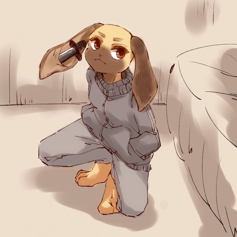 anthro barefoot bed clothed clothing crouching feet female fur furniture knife multicolored_body solo two_tone_body weapon tg_bs62 beastars kyuu_(beastars) domestic_rabbit lagomorph leporid lop_rabbit mammal oryctolagus rabbit 1:1