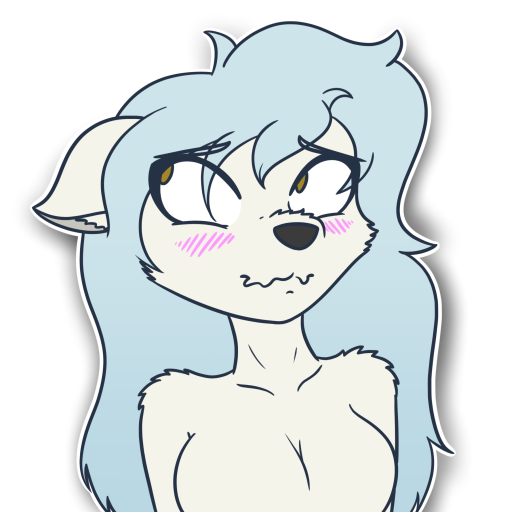 anthro black_nose blue_hair blush breasts drop_shadow featureless_breasts female fur hair simple_background solo transparent_background white_body white_fur terdburgler caroline_west canid canine canis mammal wolf 1:1 alpha_channel bust_portrait portrait